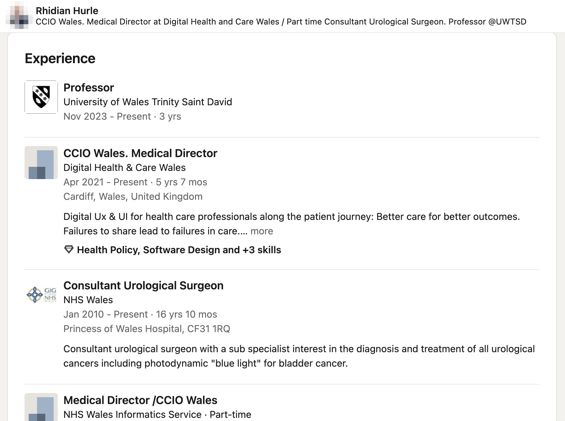 Rhidian Hurle's LinkedIn profile, headline ending Professor @UWTSD. Under Experience, the first entry reads: Professor, University of Wales Trinity Saint David, Nov 2023 to Present. Below it: CCIO Wales. Medical Director, Digital Health and Care Wales, Apr 2021 to Present.